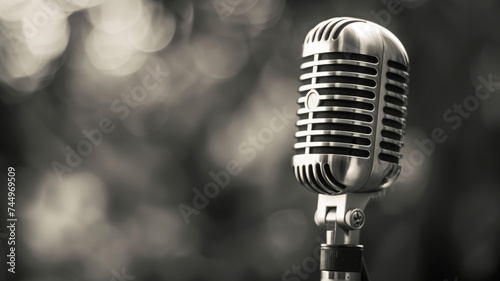 A classic microphone against a soft bokeh background, capturing the essence of a bygone era in music and performance