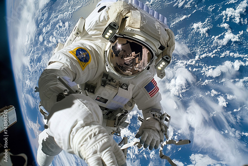 an astronaut in space floating around looking back down at earth