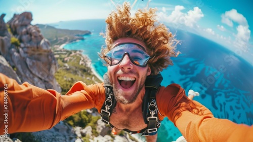 A Man Share the joy of a successful skydiving adventure with a mid-air selfie, capturing the adrenaline rush