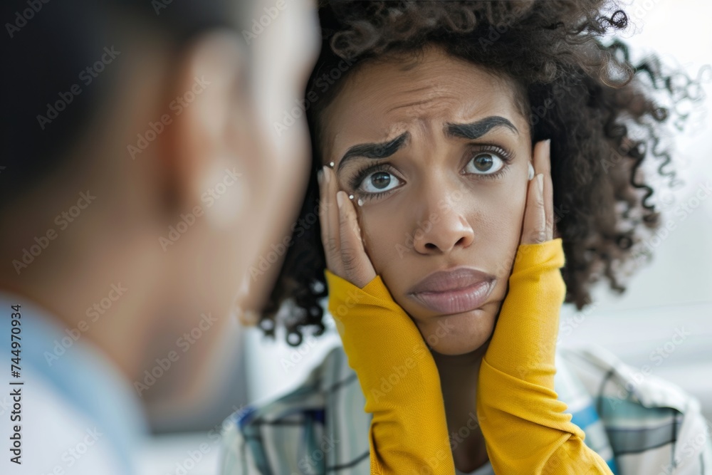 Obraz premium Emotional woman seeking medical advice, teary-eyed