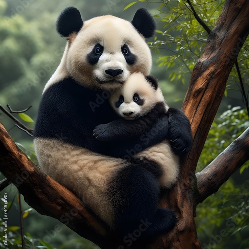 A panda is hugging its cub on a tree branch