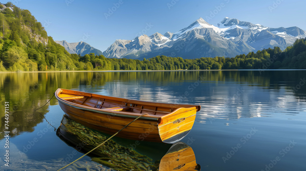 A simple wooden rowboat moored on the glassy surface of a secluded mountain lake, surrounded by snow-capped peaks