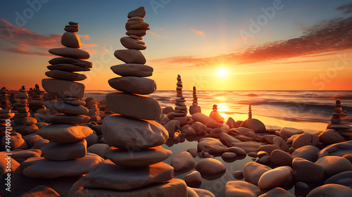 Display stones near the ocean with the sun setting on the horizon.