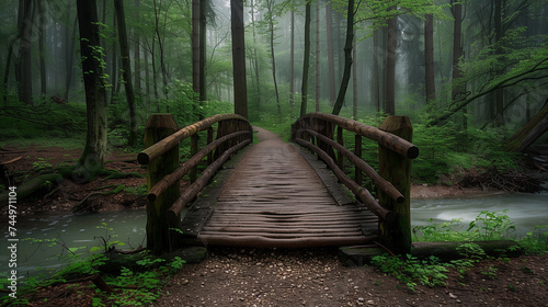 A quaint wooden bridge crossing over a babbling brook in a tranquil forest setting