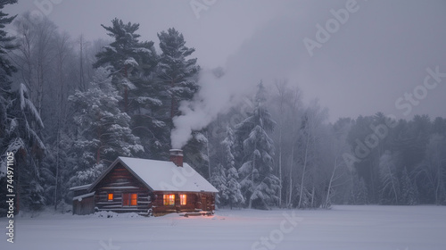 A cozy wooden cabin nestled in a snowy forest clearing, smoke billowing from its chimney into the crisp winter air © Ju Wan Yoo