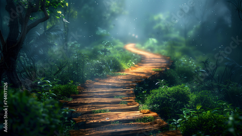 A rugged wooden pathway meandering through a dense jungle  enveloped in the sounds of exotic wildlife