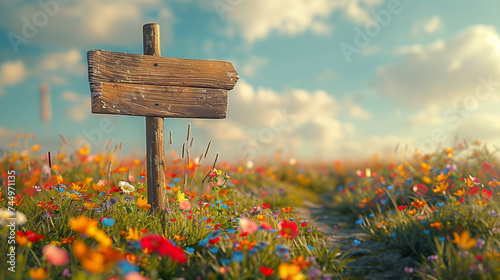 A rustic wooden signpost standing alone in a field of wildflowers, pointing in different directions photo