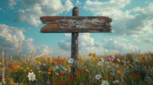 A rustic wooden signpost standing alone in a field of wildflowers, pointing in different directions