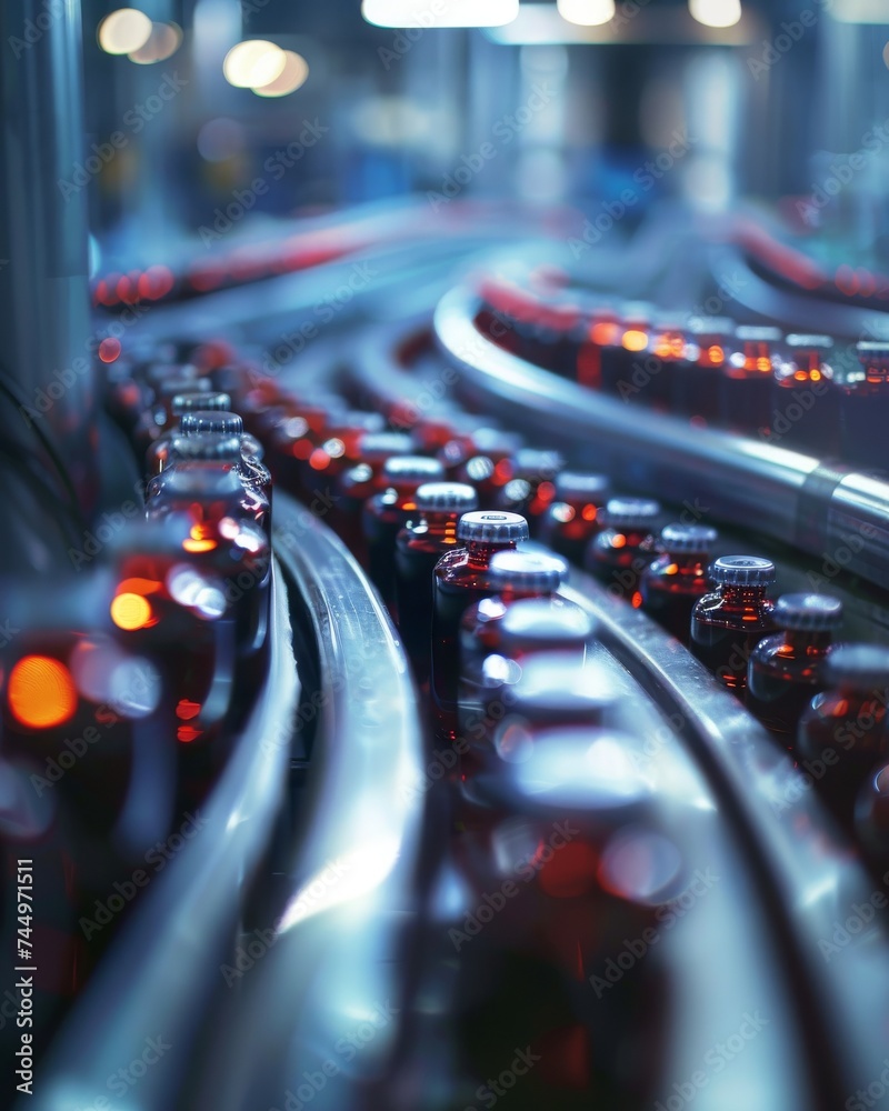 A conceptual image of medicine bottles on a conveyor belt showcasing a revolutionary shift in pharmaceutical consumption - obrazy, fototapety, plakaty 