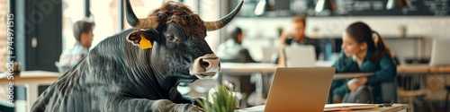 A bull in sales closing deals on a laptop in a high energy open floor sales office photo