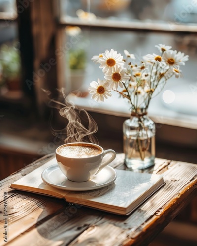 A cozy cafe scene with a steaming espresso a book and a small vase of daisies on a wooden table inviting and warm