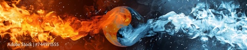 A dance of fire and ice spirits around a yin and yang symbol their movements creating a mesmerizing display of contrast photo