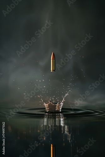 A bullet in dramatic slow motion creating ripples in the air set against a deeply shadowed mysterious background