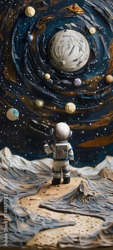 A handcrafted plasticine astronaut gazing at Earth from the moon surrounded by a meticulously detailed galaxy