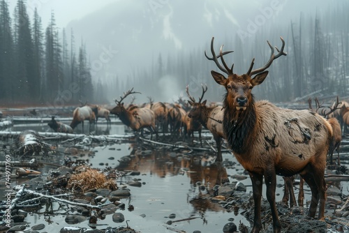 A herd of elk roaming through a polluted valley photo
