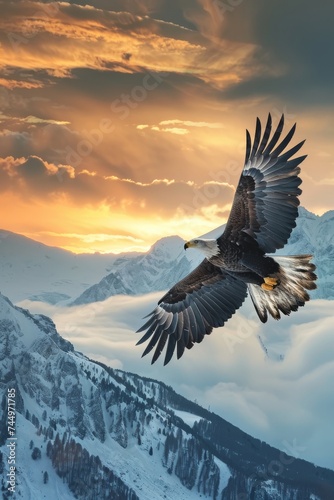 A majestic eagle soaring above a snowy mountain peak with the sun setting in the background creating a dramatic sky
