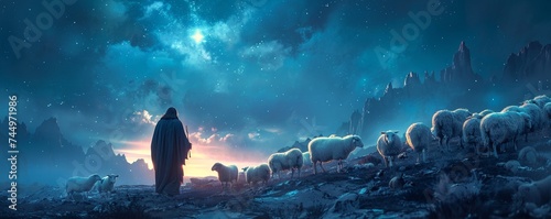 A spiritual artwork of Jesus and sheep under a starry night sky photo