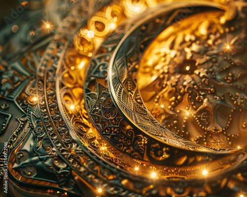 Close up of intricate handcrafted Ramadan decorations crescent moon motifs soft golden lighting detailed textures © Shutter2U