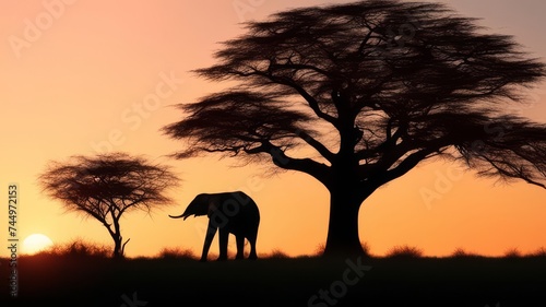 The silhouette of an elephant near a large tree at a beautiful sunset.