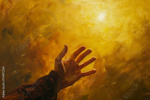 Hand reaching out towards a radiant golden light, conceptual and artistic expression.

