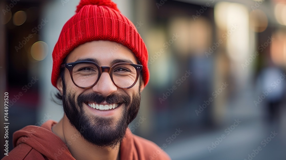 A close-up of a handsome smiling charismatic bearded man wearing a red beanie hat and glasses looks at the camera on a blurred street background from a copy space. A creative happy person.