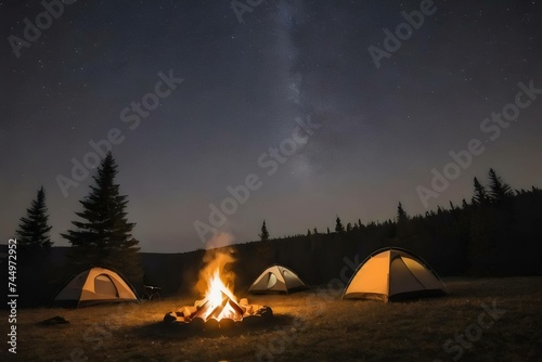 Nighttime camping under stars with glowing campfire and tents in a serene forest setting. Peaceful starry night concept. Generative ai