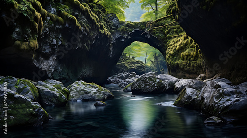 Find an image of stones forming a natural bridge over a mountain stream.