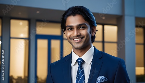 25 year old Indian man wearing a navy blue suit and tie smiling with blur background of a building with glass windows