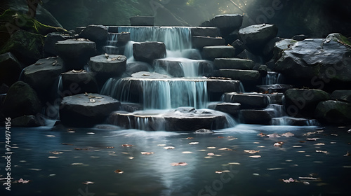 Find an image of stones under a waterfall, creating a dynamic water display.