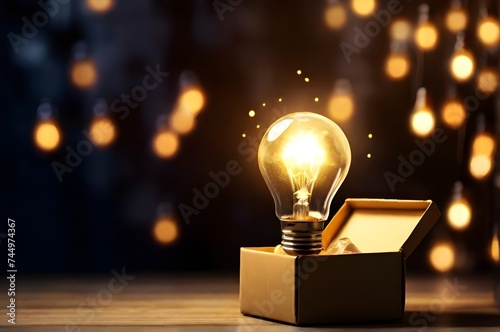 Freedom of mind and unconventional thinking outside the box startup education concept, intelligence, creativity. A light bulb coming out of a box against dark background with copy space. 
