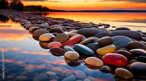 Find an image of sunset reflections on polished river stones.
