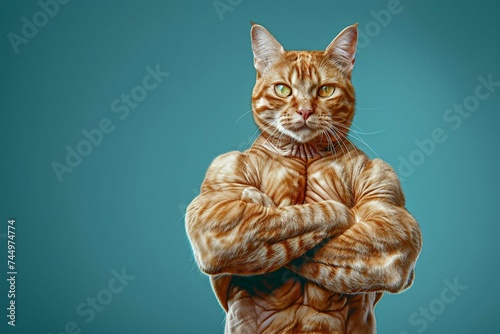 Portrait of Strong cat body builder super muscles. bodybuilder cat with arms crossed. image of a pet cats head on a human bodybuilders body on blue background with copy space