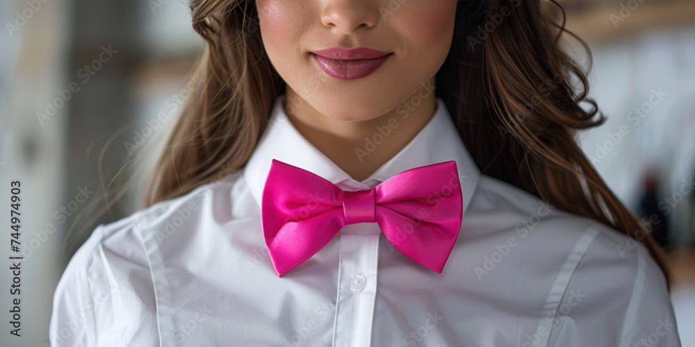 Close-up woman with pink bow tie banner with copy paste. Gender sexual equality human rights concept Close-up woman with pink bow tie banner with copy paste. Gender sexual equality human rights concept