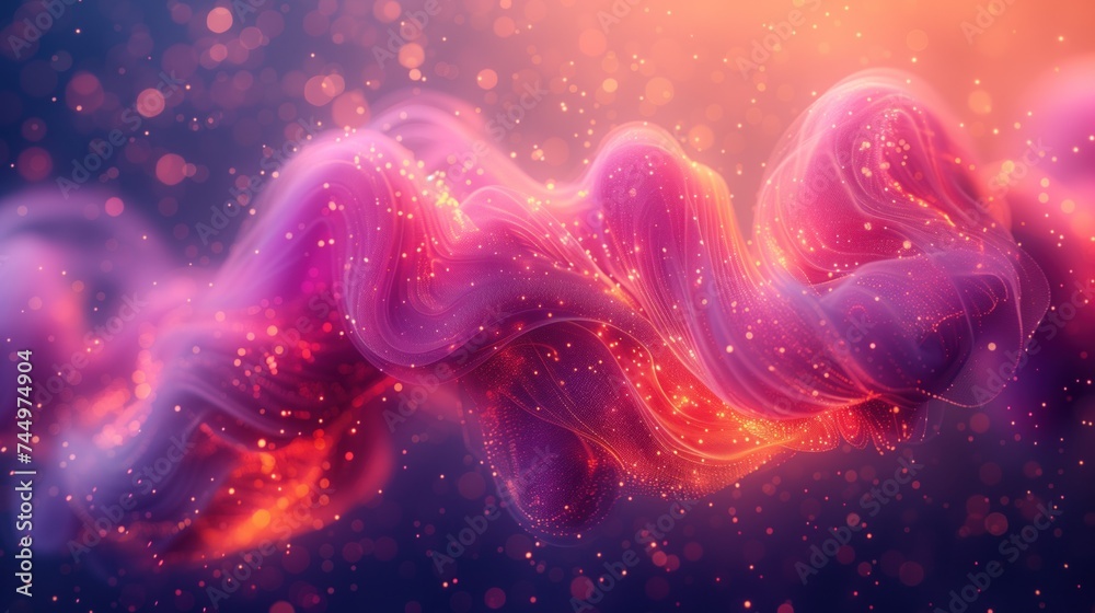 tangled pink and purple lights with yellow and orange fibers on abstract background, in the style. - obrazy, fototapety, plakaty 