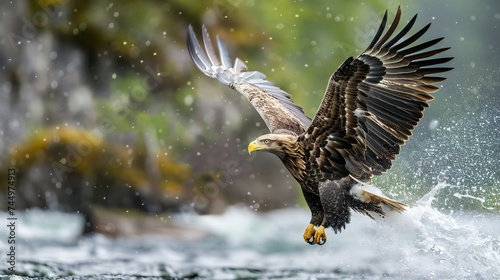 Bald eagle soaring over the river 