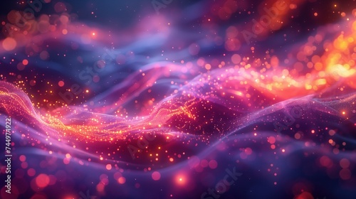 tangled pink and purple lights with yellow and orange fibers on abstract background, in the style.