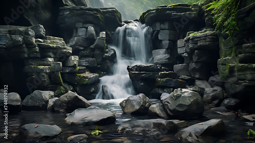 Find a photo of stones near a waterfall, creating a dynamic scene.