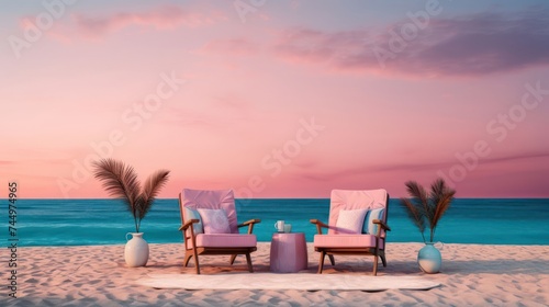 beauty minimalist beach setting with expansive copy space, accentuated by the soothing glow of twilight, creating a tranquil and dreamy atmosphere