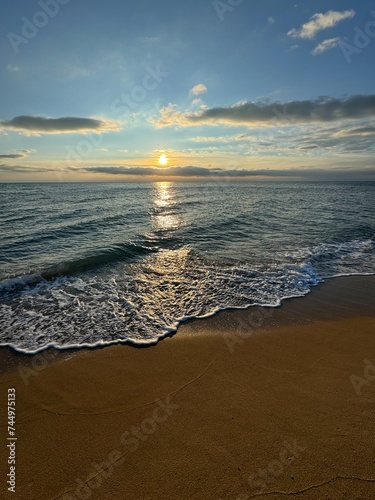 Golden Sands beach in the morning. Black sea coast sunrise with beautiful clouds  calm sea.