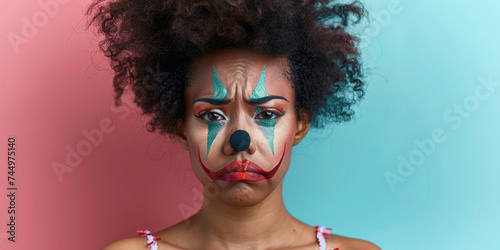Unhappy depressed performer sadness depression melancholic expression make-up worried person costume actor backstage circus. African American woman with clown face exhausted circus joker emotions