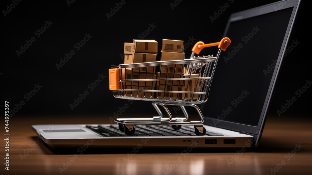 E commerce concept with shopping cart filled with boxes on laptop, digital retail technology