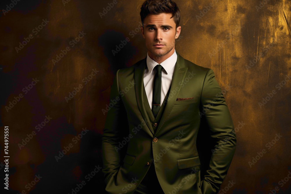 Trendy male model in a captivating olive green suit, exuding confidence against a textured bronze background.