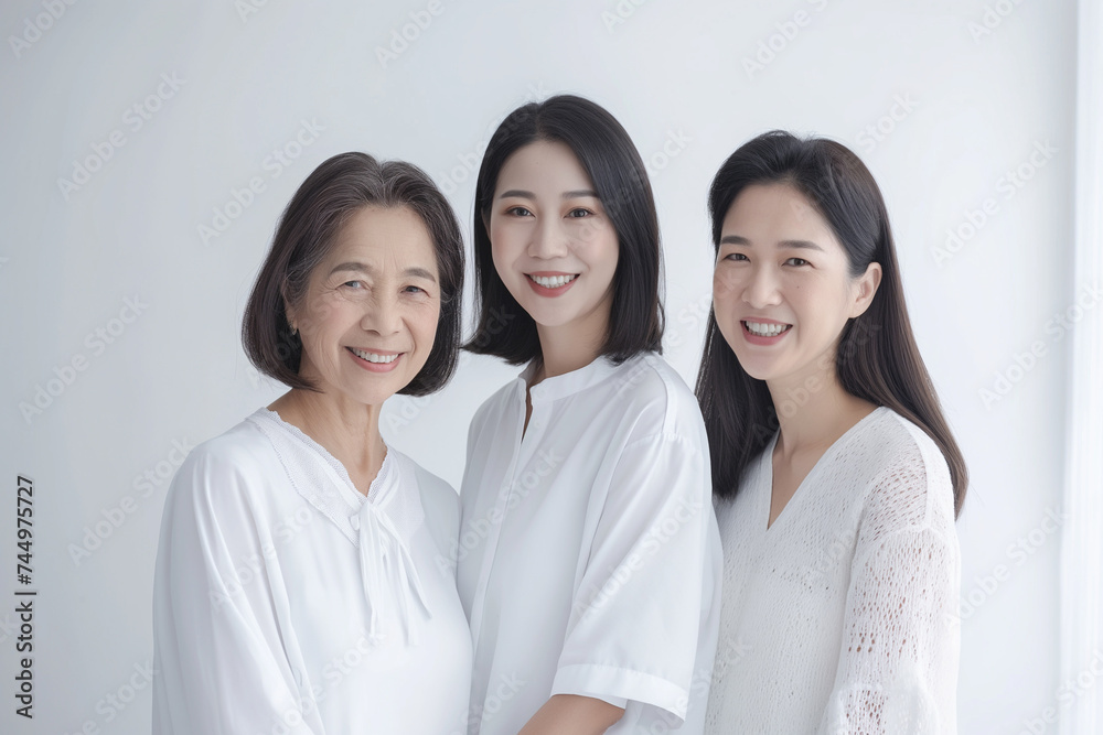 Happy family portrait featuring three women, and a mother-daughter, all smiling and radiating joy in a beautiful moment of love and togetherness Happy family portrait featuring three women, and a mother-daughter, all smiling and radiating joy in a beautiful moment of love and togetherness
