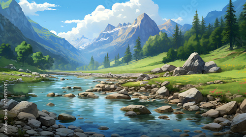 Find stones along a riverbank with a background of lush green mountains.