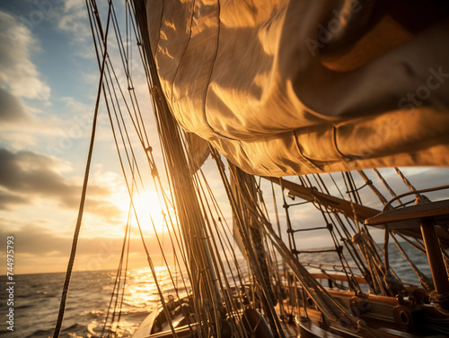 Backlit sails of a traditional tall ship on the atlantic  photo
