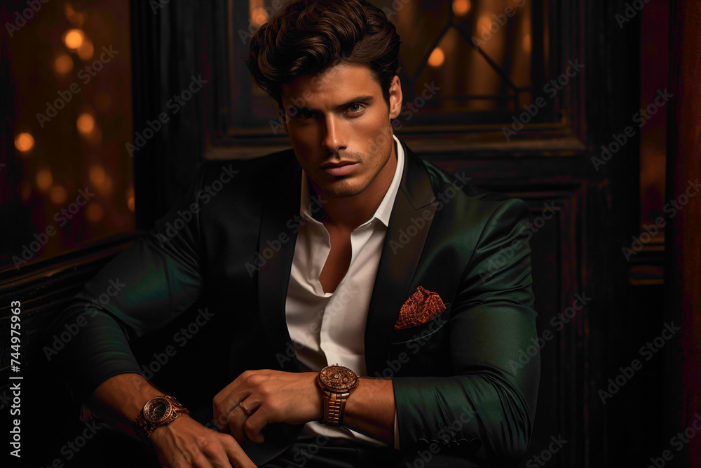 With a captivating gaze, the male model adjusts his watch against a backdrop of rich copper, his refined attire and flawless hairstyle reflecting timeless sophistication.