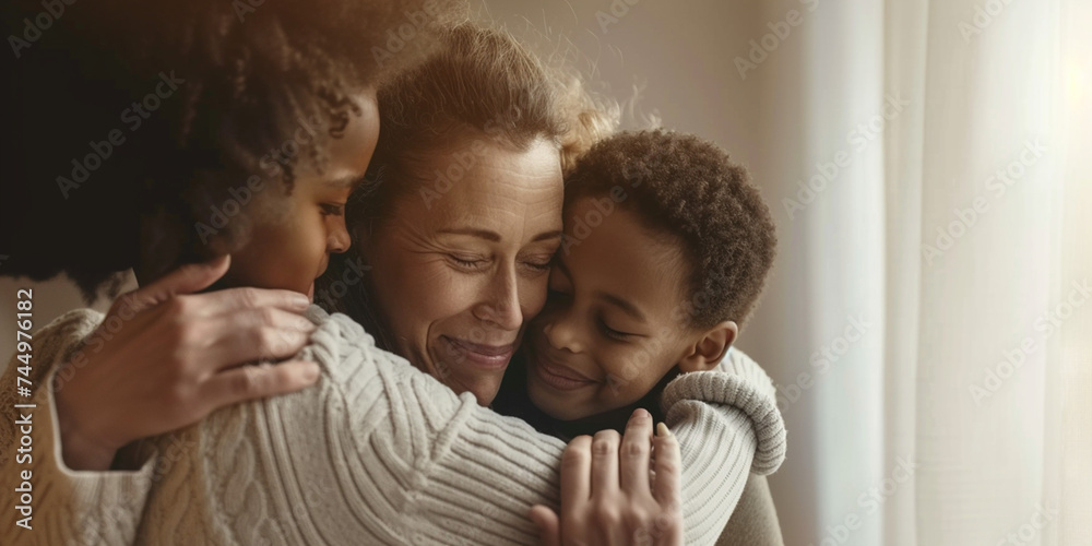 Grandmother Mother's Day family unconditional love concept. Children hugging and embracing mom, Portrait of happy multiracial mommy and her child teenager kid hugging each other at home Grandmother Mother's Day family unconditional love concept. Children hugging and embracing mom, Portrait of happy multiracial mommy and her child teenager kid hugging each other at home