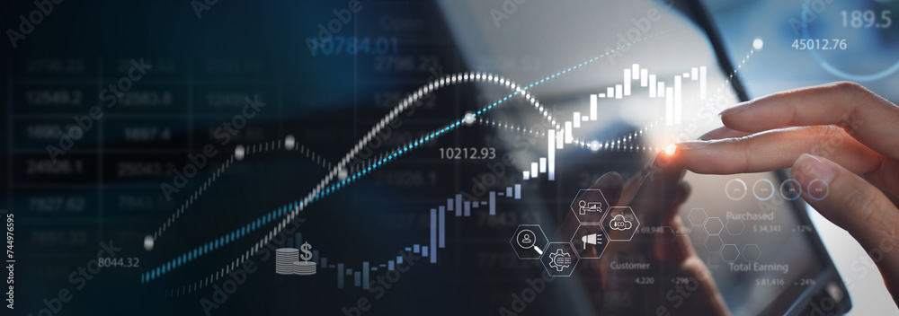 Fototapeta premium finance and investment, budget management, financial accounting concept. Businessman analyzing market data, financial graph report, business growth, strategy planning and solution, risk management