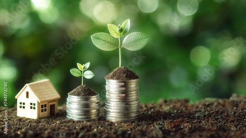 Coins stacked on each other and small house on the soil. Business growth concept