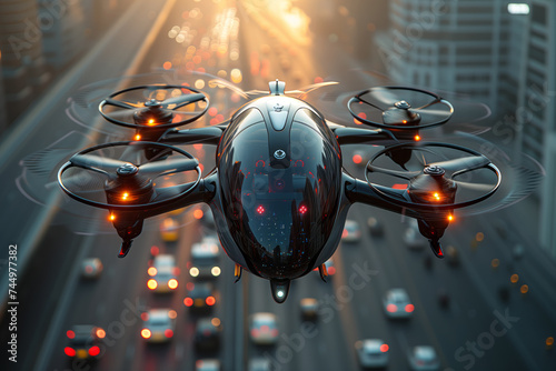 Quadcopter taxi is flying over the city